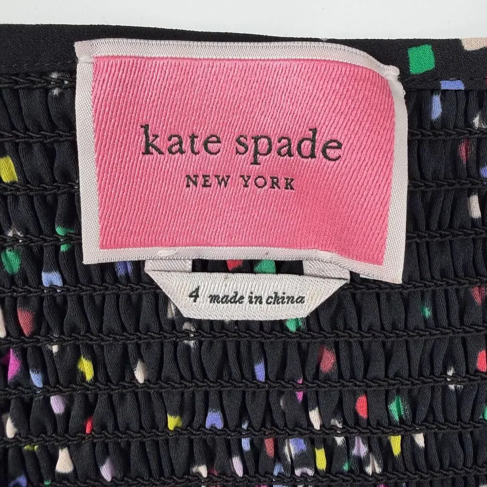 Kate Spade Confetti Pop Smocked Midi Dress Black Multicolor Cheer Size 4